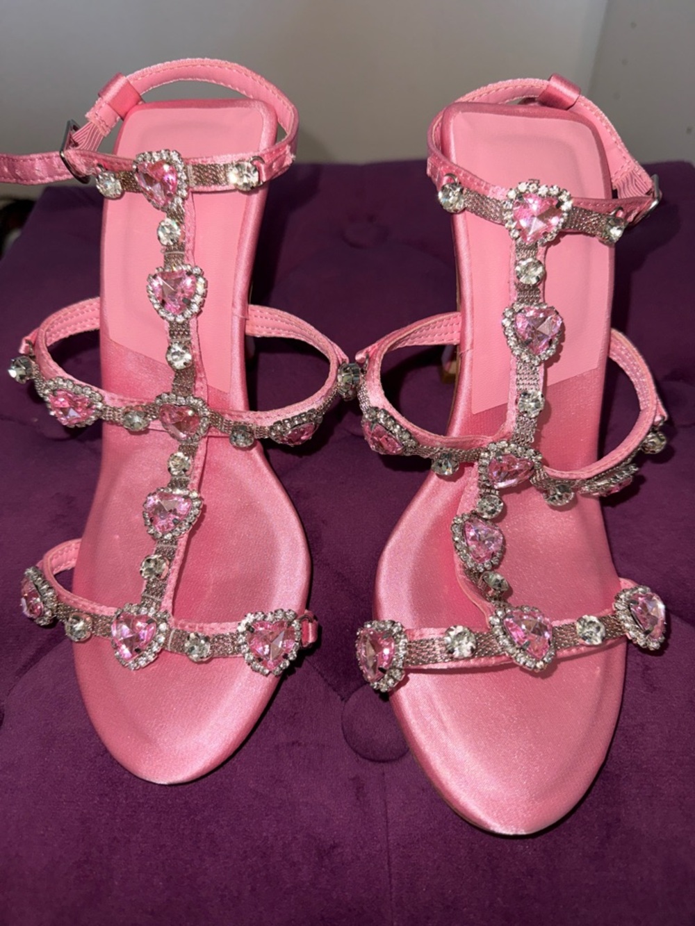 Pretty Little Thing Satin Pink heels w/ Heart Jewels